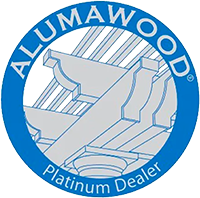 A blue and white logo for alumawood.